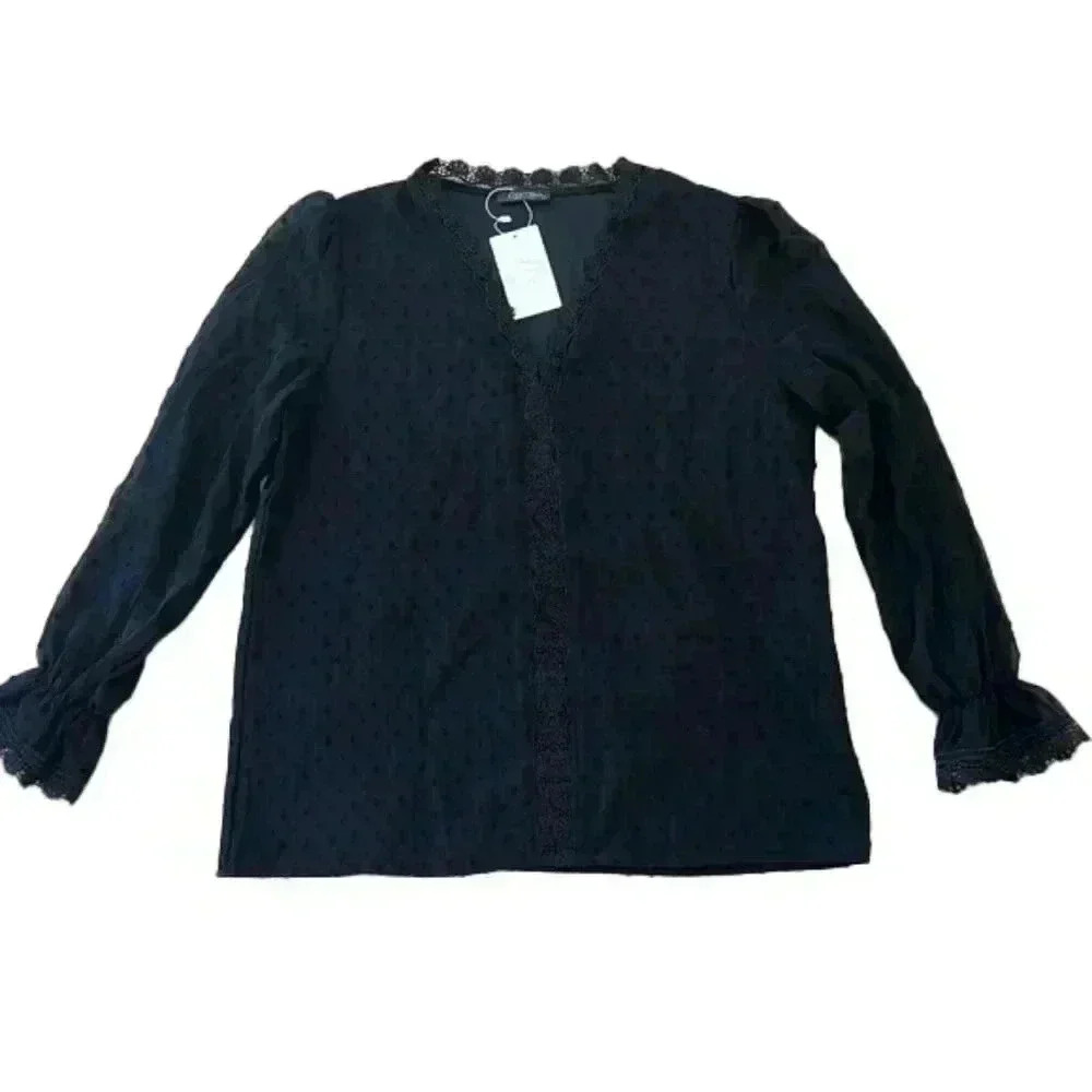 Casmisa Womens Boutique Black Long Sleeve Blouse Size Large Lace Detail NWT
